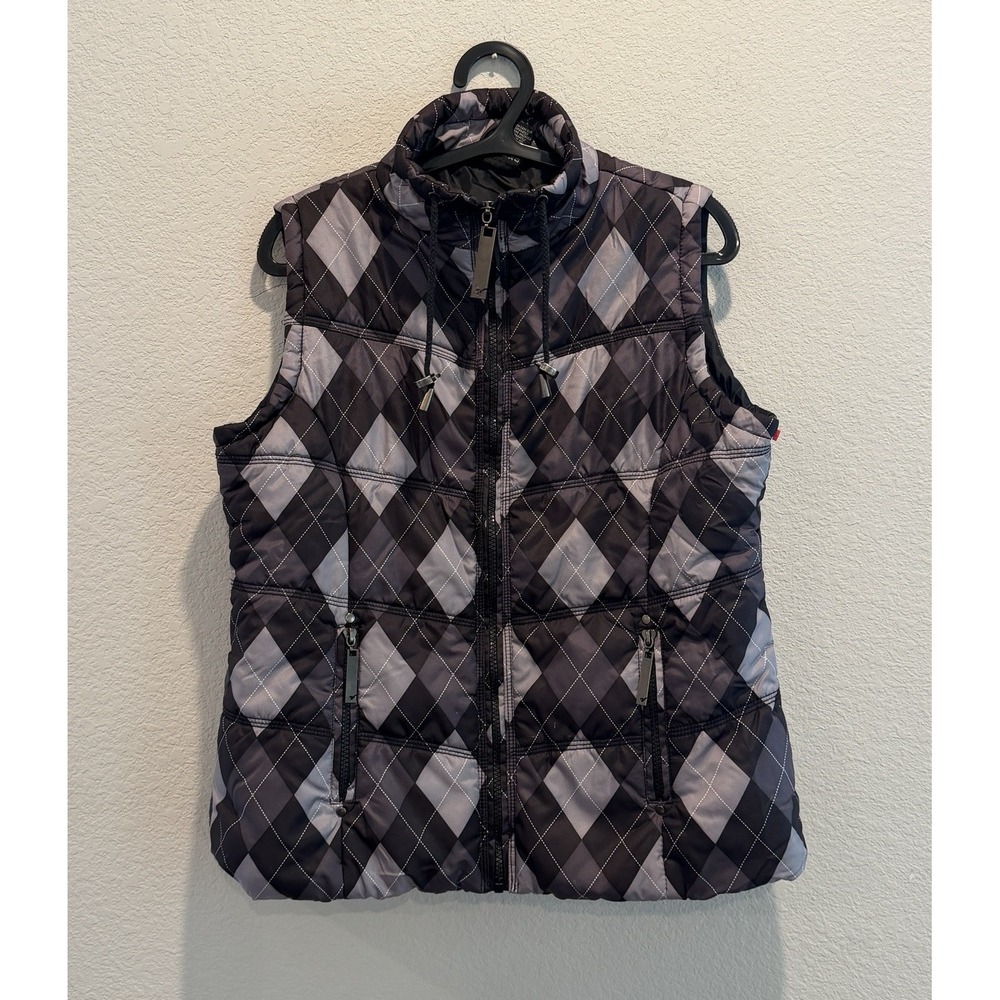 Vanity Women's Quilted Plaid Argyle Preppy Puffer Vest Women's Size L